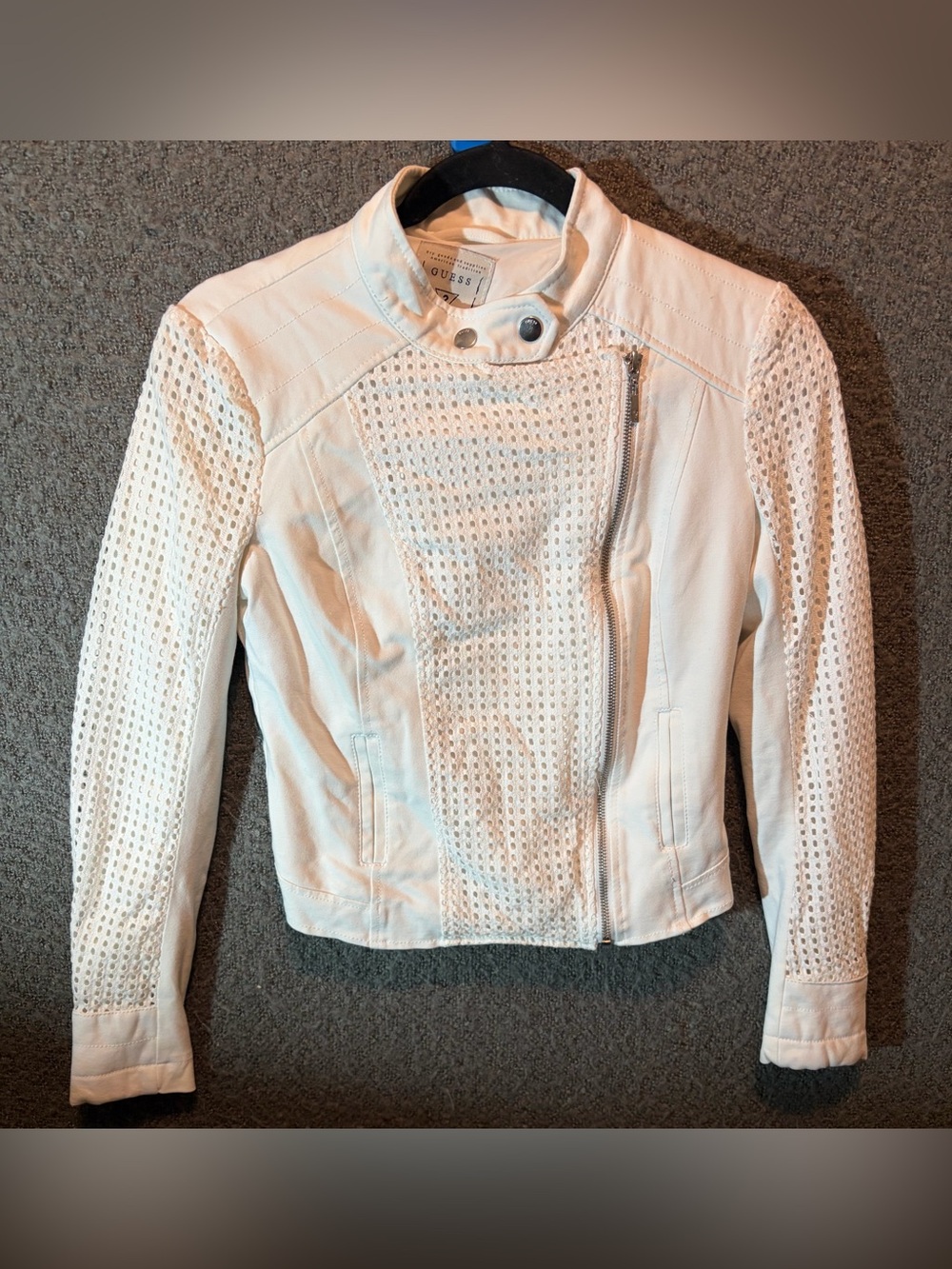 GUESS White Perforated Asymmetric Moto Jacket